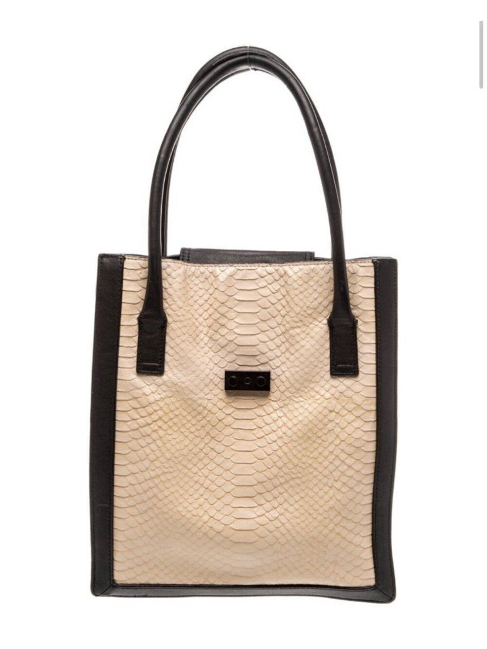 loeffler randall Authentic Beige Black Leather Embossed Alligator Look Tote Bag